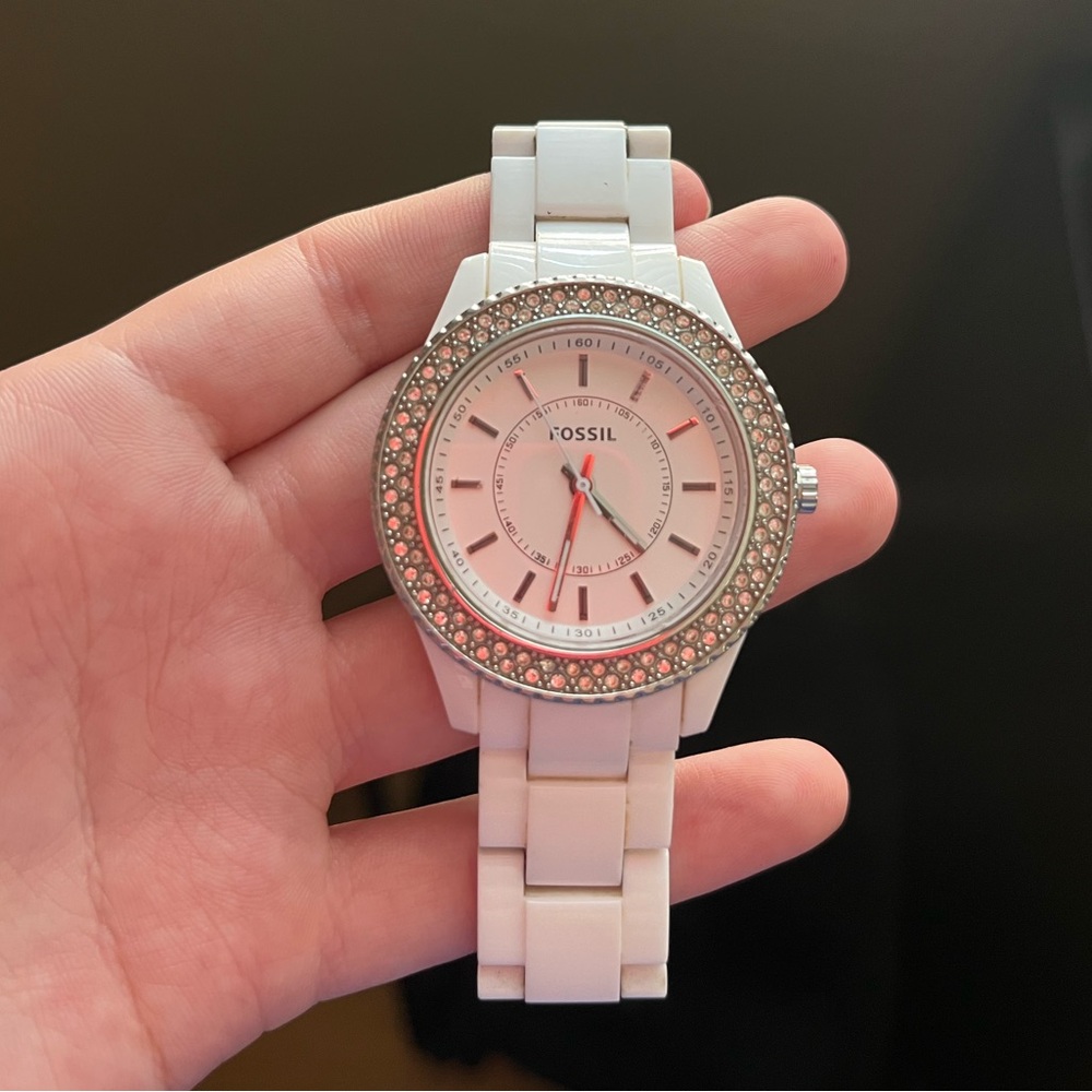 White Fossil Watch with Faux Diamond on Face